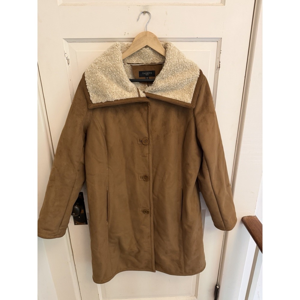 Talbots Women's Brown Faux‎ Suede Winter Coat Lined Pockets Size 16 Petite